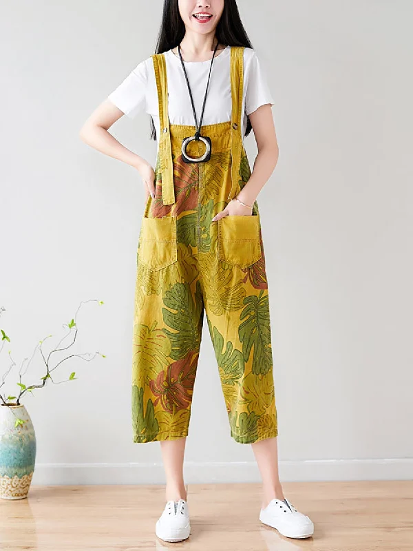 Plus Size Summer Artsy Leaf Pocket Denim Jumpsuits Casual Women's Loose - fitting