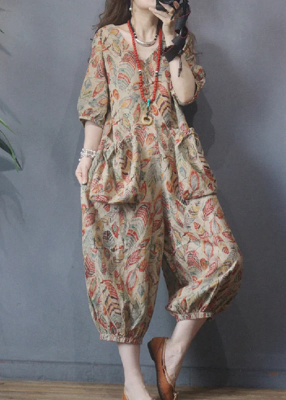 Plus Size V Neck Print Pockets Linen Jumpsuit Half Sleeve Laid - back Women's Vibe