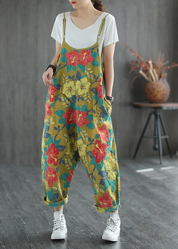 Plus Size Yellow Oversized Print Cotton Jumpsuit Ripped Jeans Spring Cozy Women's Winter