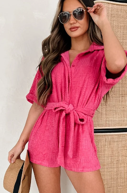 Praying For Sunshine Belted Terry Cloth Romper (Hot Pink) Geometric
