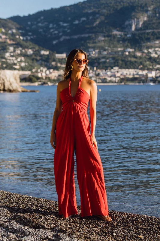 Promenade Red Halter Jumpsuit Sophisticated Women's Tailored