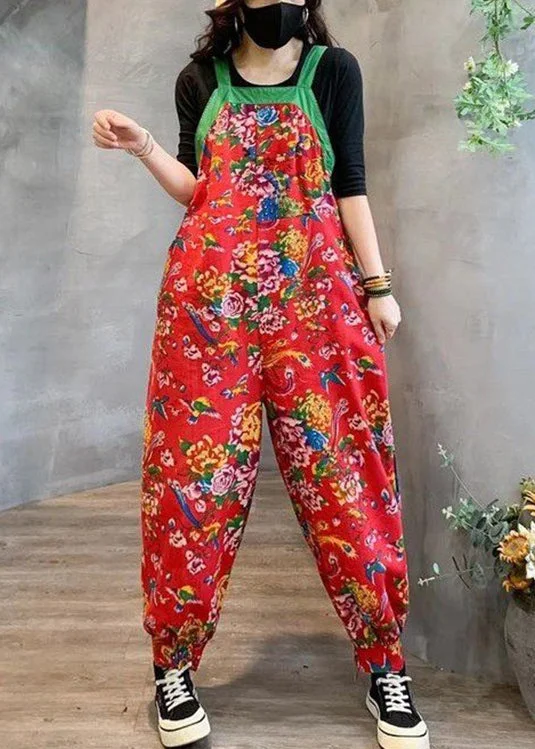 Red High Waist Patchwork Cotton Jumpsuits Pockets  Fall Refined Women's Classic 