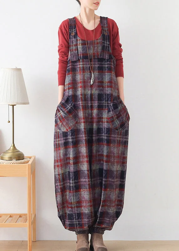 Red Plaid Pockets Woolen Jumpsuit Pants Fall Trendy Women's Oversized