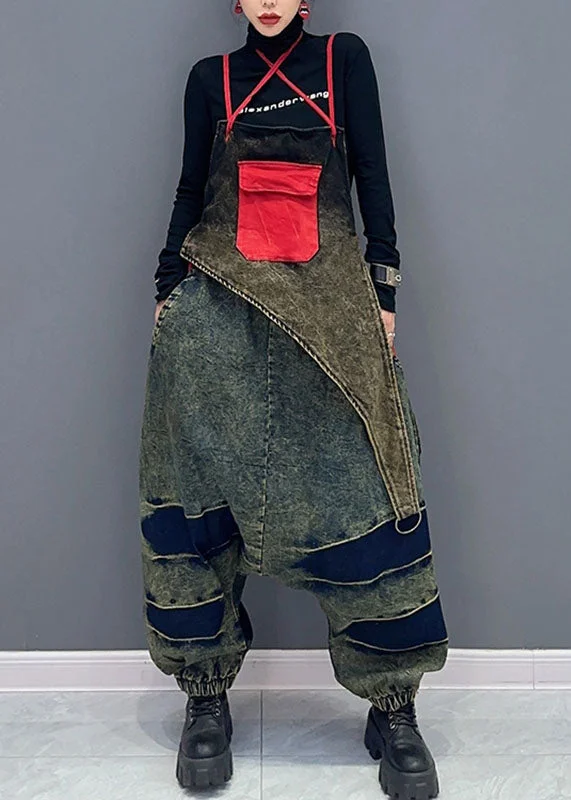 Retro Denim Blue Patchwork Lace Up Pockets Jumpsuits Fall Disco