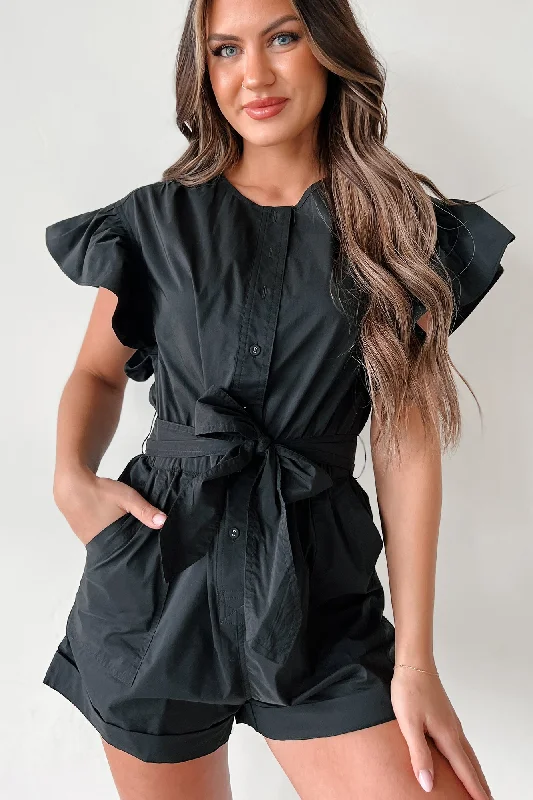 Shula Button-Front Ruffle Sleeve Romper (Black) Youthful Women's Anime - inspired