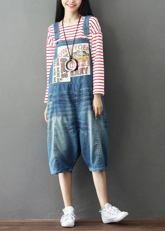 Simple Blue Oversized Patchwork Applique Cotton Denim Jumpsuits Summer Modern Women's Simple Blue Oversized Patchwork Applique Cotton Denim Jumpsuits Summer Modern Women's