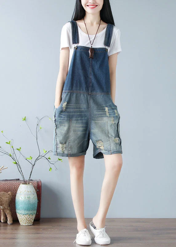 Simple Denim Blue Oversized Cotton Shorts Jumpsuit Ripped Jeans Summer Geometric