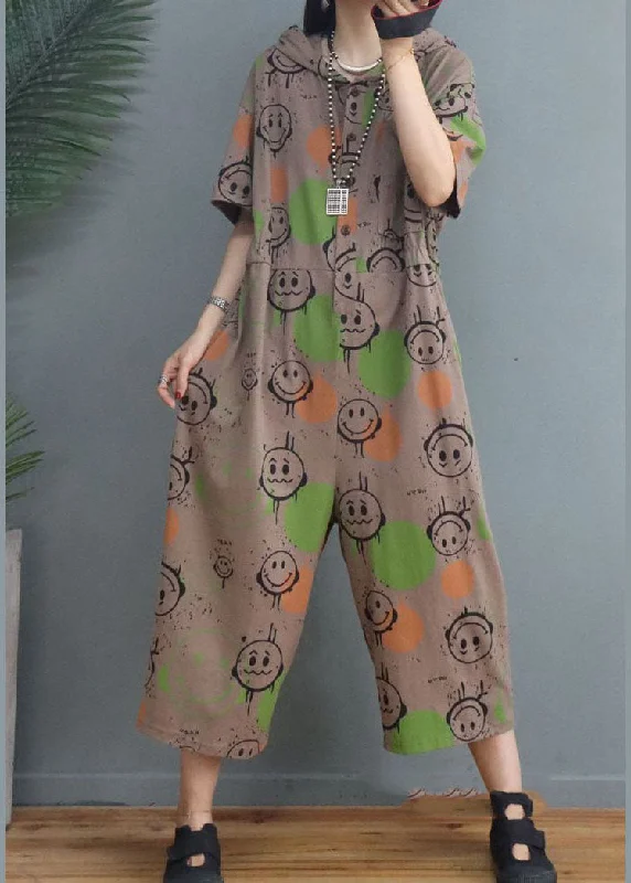 Simple Khaki Hooded Print Cotton Jumpsuits Half Sleeve Sporty Women's Tennis
