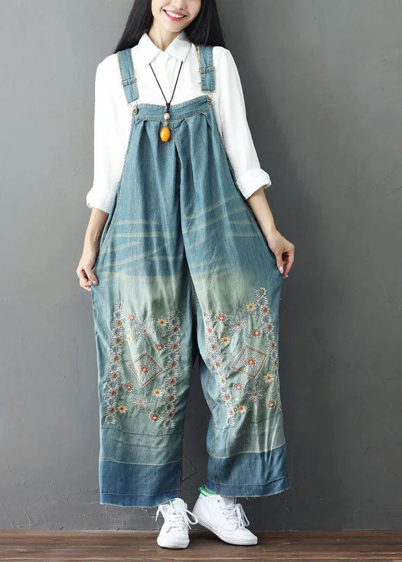 Simple Light Blue Patchwork Embroideried Denim Wide Leg Jumpsuit Spring Earthy Women's 