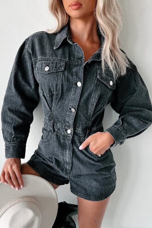I'm Always Cool Denim Long Sleeve Romper (Black Denim) Monochromatic All - in - one