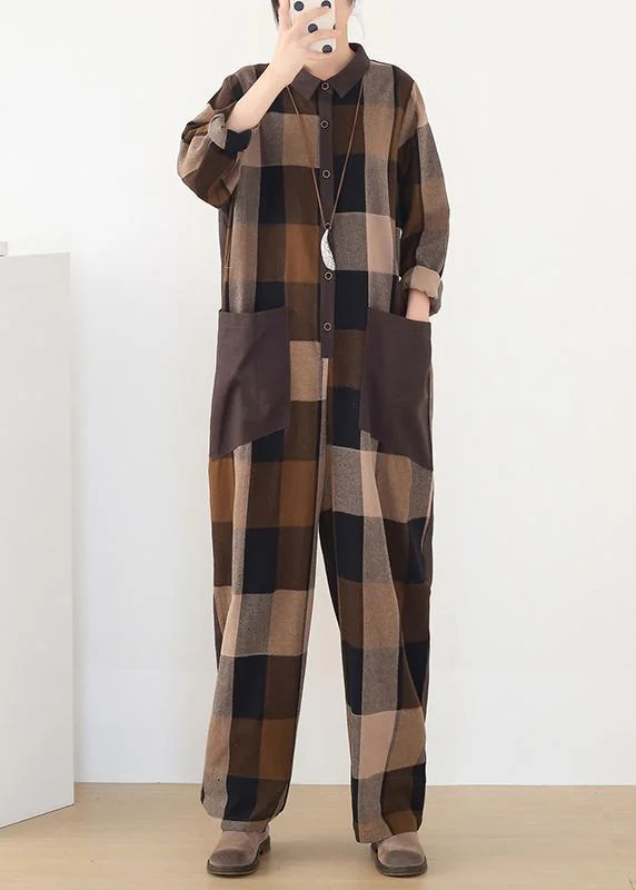 Spring Big Pockets Slimming Harem Cotton Brown Plus Szie Plaid Jumpsuit Streetwear Style for Spring Big Pockets Slimming Harem Cotton Brown Plus Szie Plaid Jumpsuit Streetwear Style for