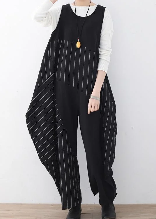 Spring  Summer Cotton Hemp Women Oversized Asymmetric Striped Jumpsuit Geometric