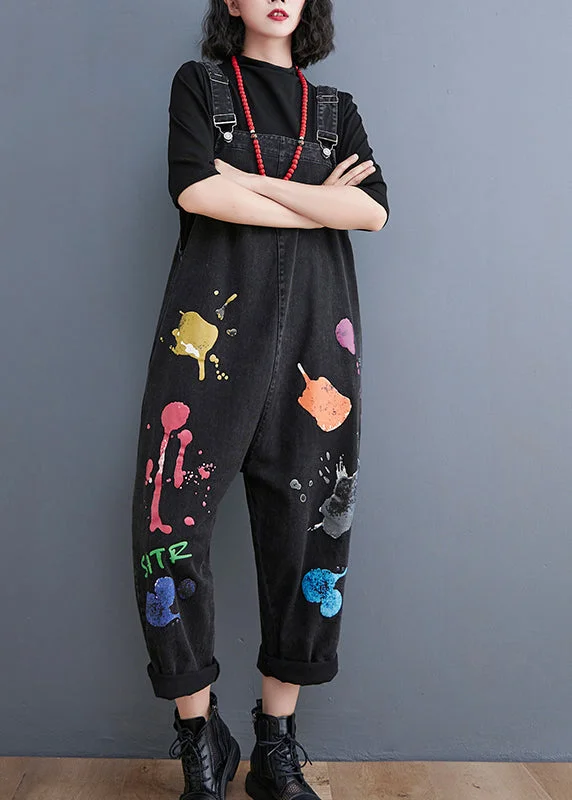 Streetwear Black painting Print Denim Jumpsuit Spring Dynamic Women's High - energy
