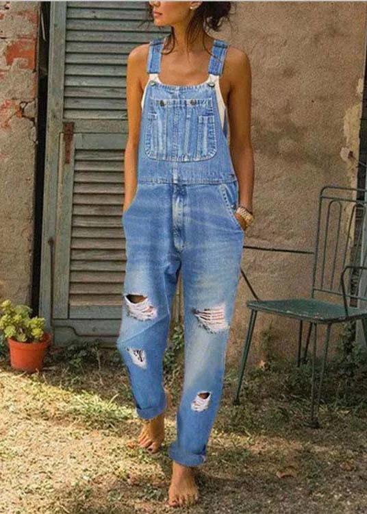 Style Blue Oversized Pockets Denim Ripped Jumpsuit Summer Luxurious Women's High -  end