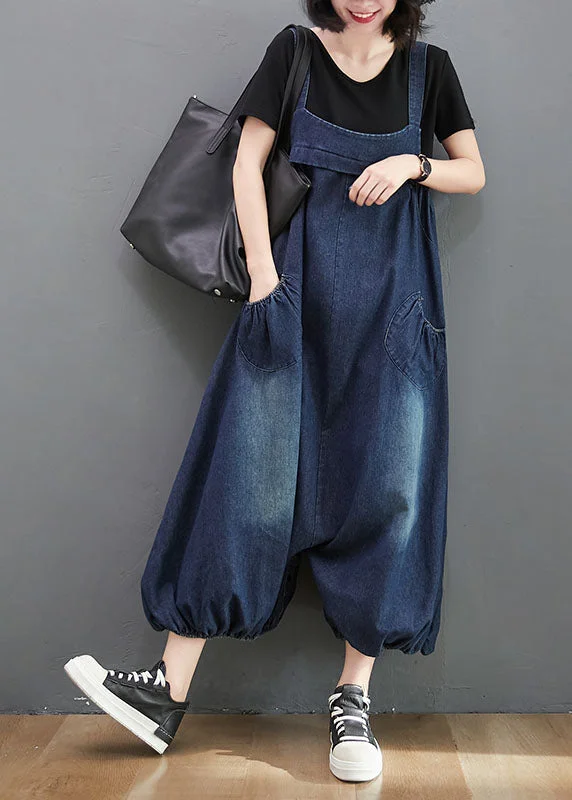 Style Navy Pockets Patchwork Denim Lantern Jumpsuit Vintage Women's 1970S 
