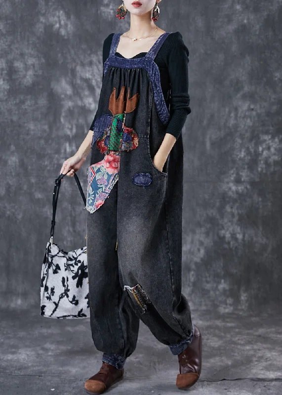 Stylish Black Oversized Patchwork Applique Denim Overalls Jumpsuit Spring Hip Women's Retro Stylish Black Oversized Patchwork Applique Denim Overalls Jumpsuit Spring Hip Women's Retro