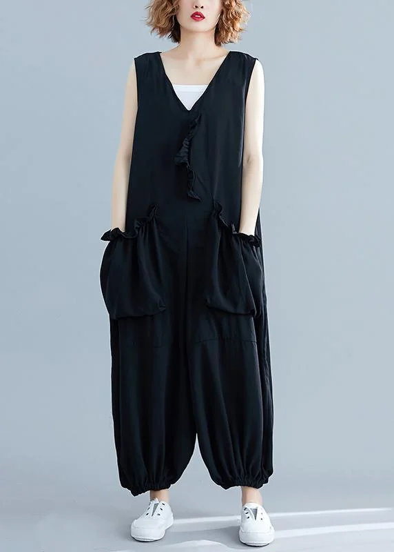 Stylish Black Pockets Summer Cotton Jumpsuit Women Relaxed Women's Beachy
