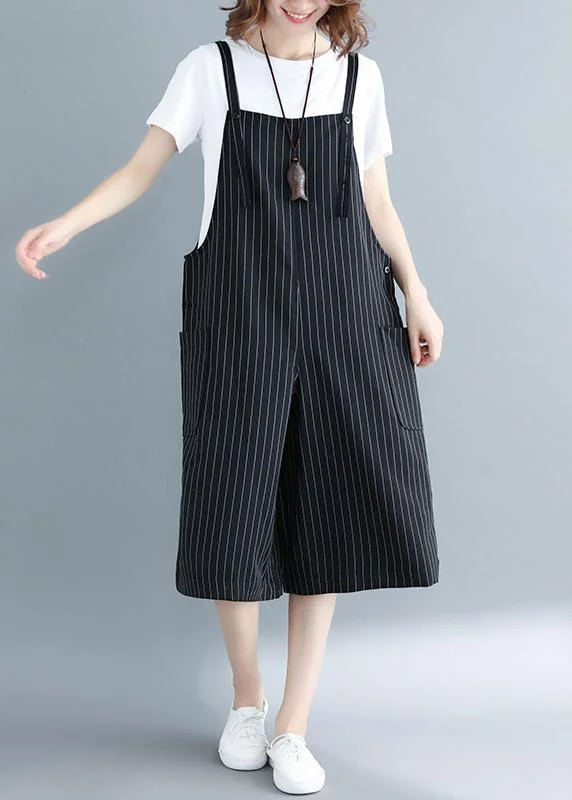 Stylish Black Striped Wide Leg Summer Jumpsuit Artistic Women's Hand - painted
