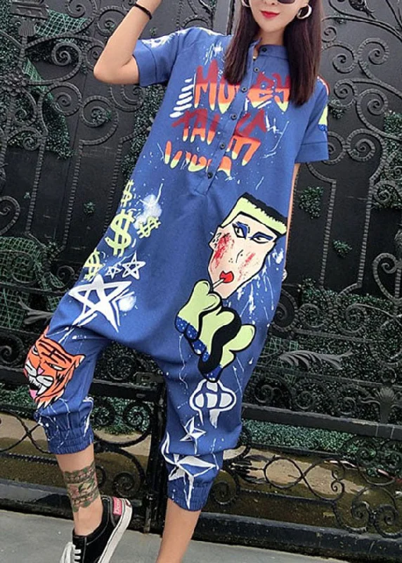 Stylish Blue Stand Collar Print Button Patchwork Cotton Jumpsuits Summer Country