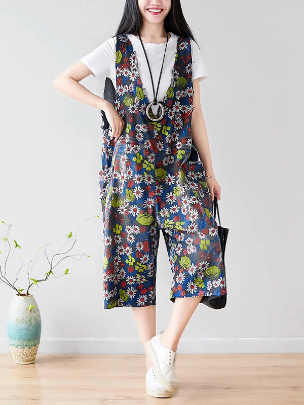 Summer Retro Floral Pocket Loose Denim Jumpsuits Unique Women's Upcycled
