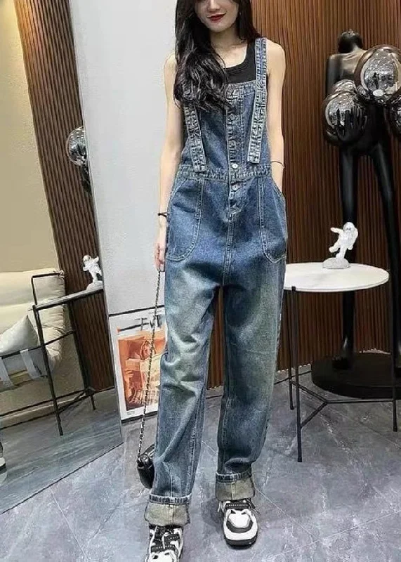 Unique Blue Slash Neck Patchwork Denim Straight Jumpsuit Summer Modern Women's 