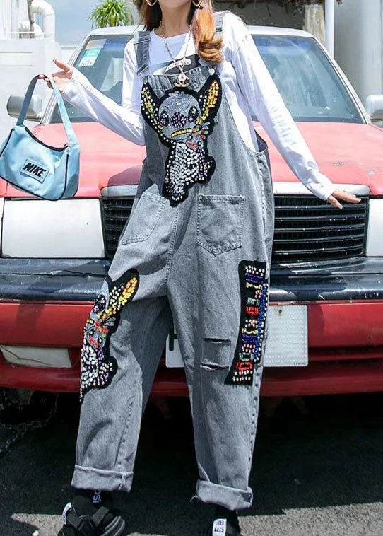 Unique Dark Grey Nail Bead Cartoon Sequins Patchwork Denim Wide Leg Jumpsuit Spring Traditional Women's Wool Unique Dark Grey Nail Bead Cartoon Sequins Patchwork Denim Wide Leg Jumpsuit Spring Traditional Women's Wool