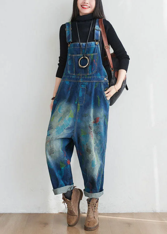 Vintage Blue Patchwork Print Denim Jumpsuit Spring Dapper Women's 1920S