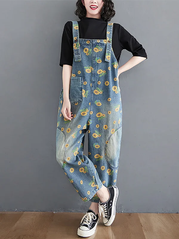 Vintage Sunflower Worn Pocket Denim Jumpsuits Summer Dapper Women's 1920S