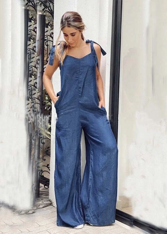 Women Blue Oversized Pockets Denim Wide Leg Jumpsuit Summer Traditional Women's 