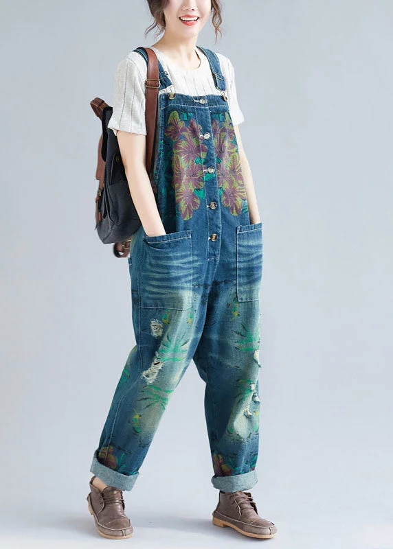 Women Blue Pockets Patchwork Print Denim Jumpsuit Spring Hip Women's Urban