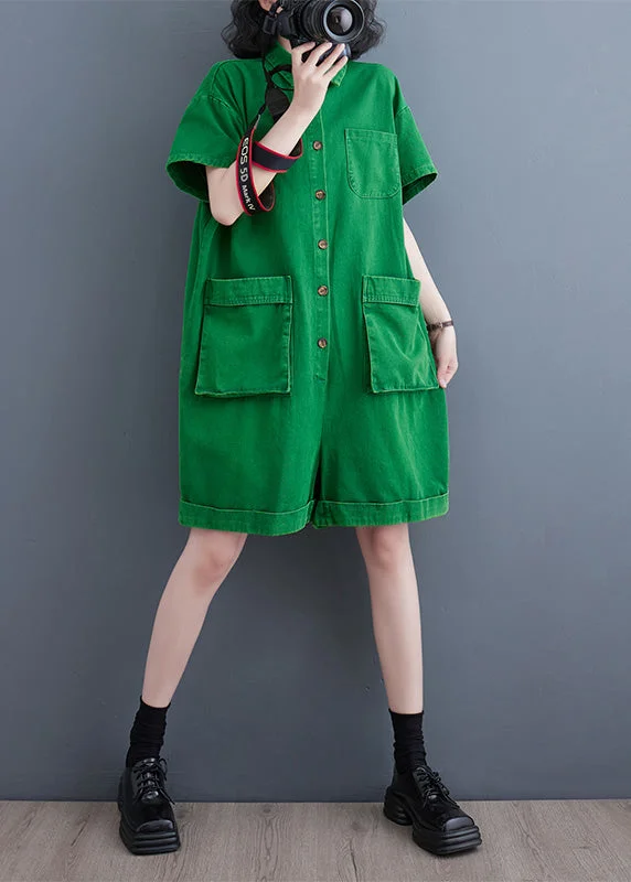 Women Green Peter Pan Collar Button Solid Denim Jumpsuit Summer Athletic Women's 