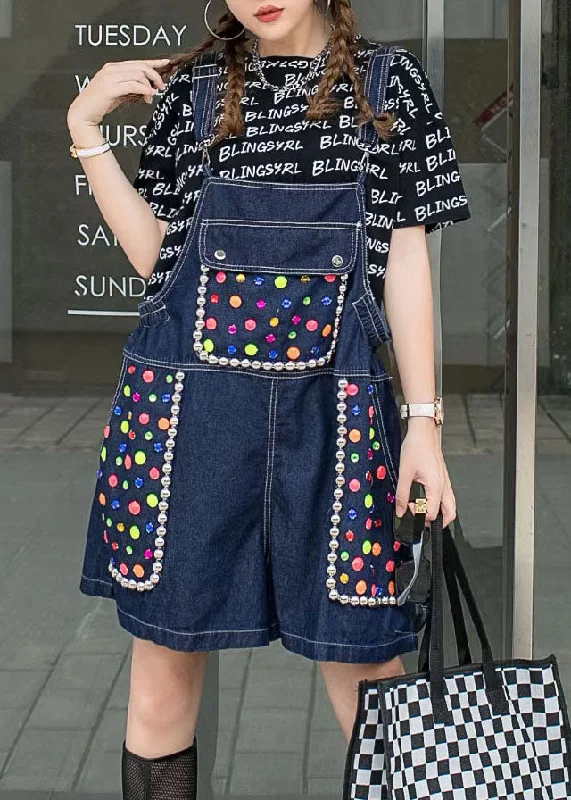 Women Navy Zircon Patchwork Denim Spaghetti Strap Jumpsuits Shorts Summer Stylish Women's Neon Women Navy Zircon Patchwork Denim Spaghetti Strap Jumpsuits Shorts Summer Stylish Women's Neon