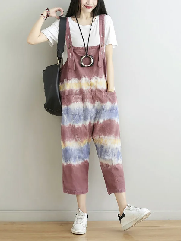 Women Summer Artsy Tie-dye Pocket Denim Jumpsuits Hip Women's Urban