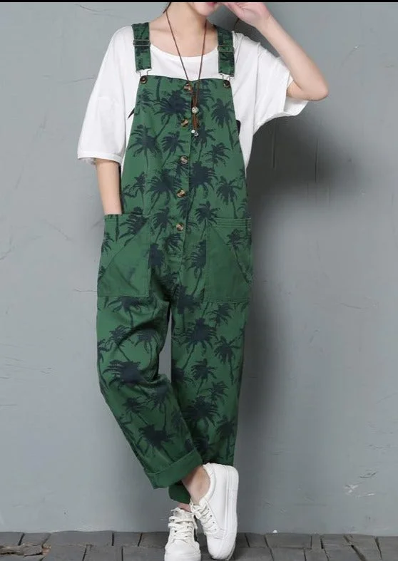 Women's Loose Casual Green Print Jumpsuit Cool Women's Distressed