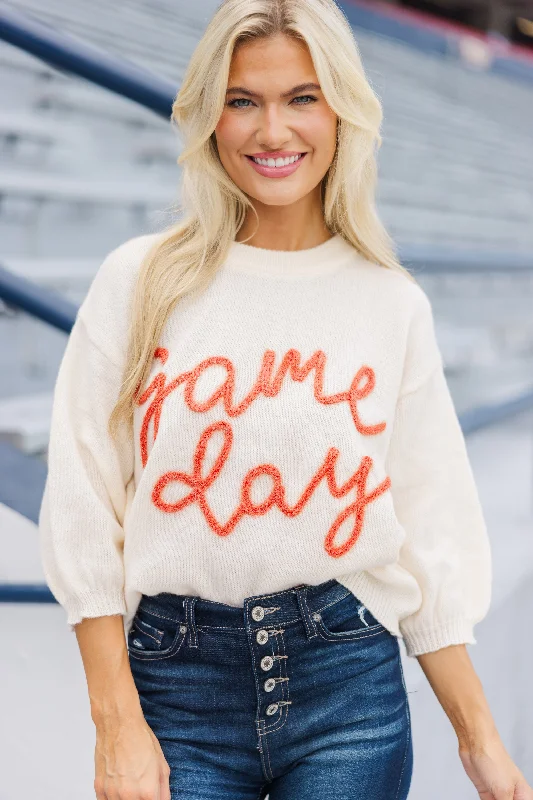 It's Game Day Ivory/Orange Puff Sleeve Sweater Bohemian Women's Free