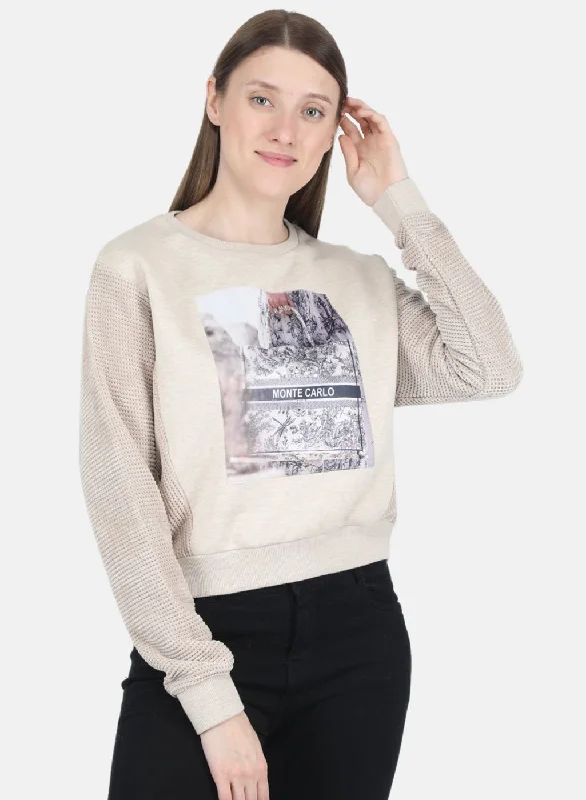 Women Beige Printed Sweatshirt Sporty Women's Tennis