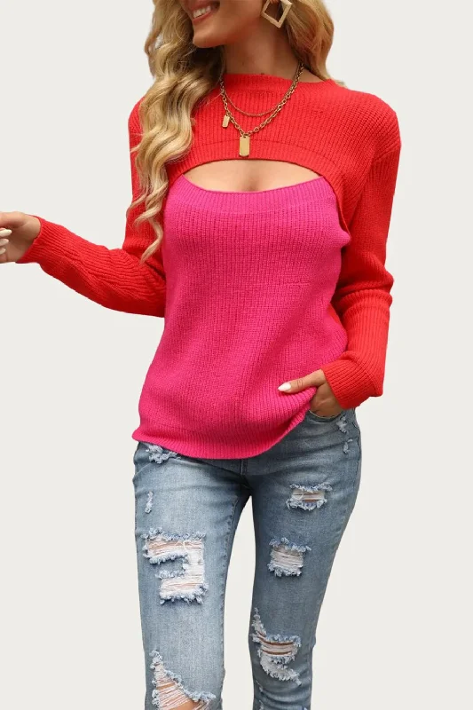 Two-Tone Colorblock Cutout Sweater In Red/hot Pink Athletic Women's 