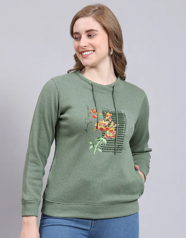 Women Green Printed Round Neck Full Sleeve Sweatshirt Artistic Women's Avant - 