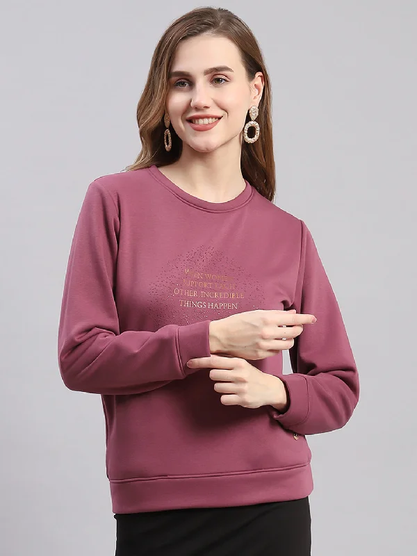 Women Maroon Printed Round Neck Full Sleeve Sweatshirts Earthy Women's 