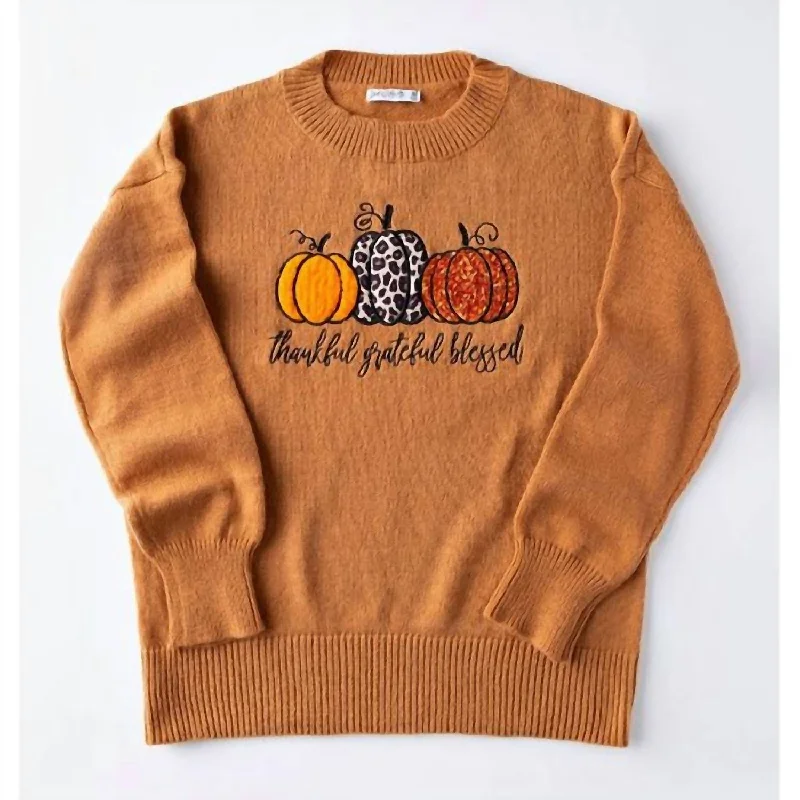 Women's Grateful Thankful Blessed Embellished Sweater In Pumpkin Casual Women's Loose - fitting